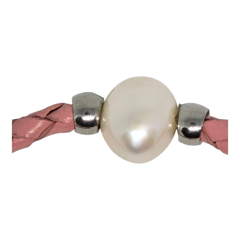 Braided Pink Leather Bracelet With Freshwater Pearl & Silver Accents For Women - Picture 3 of 4